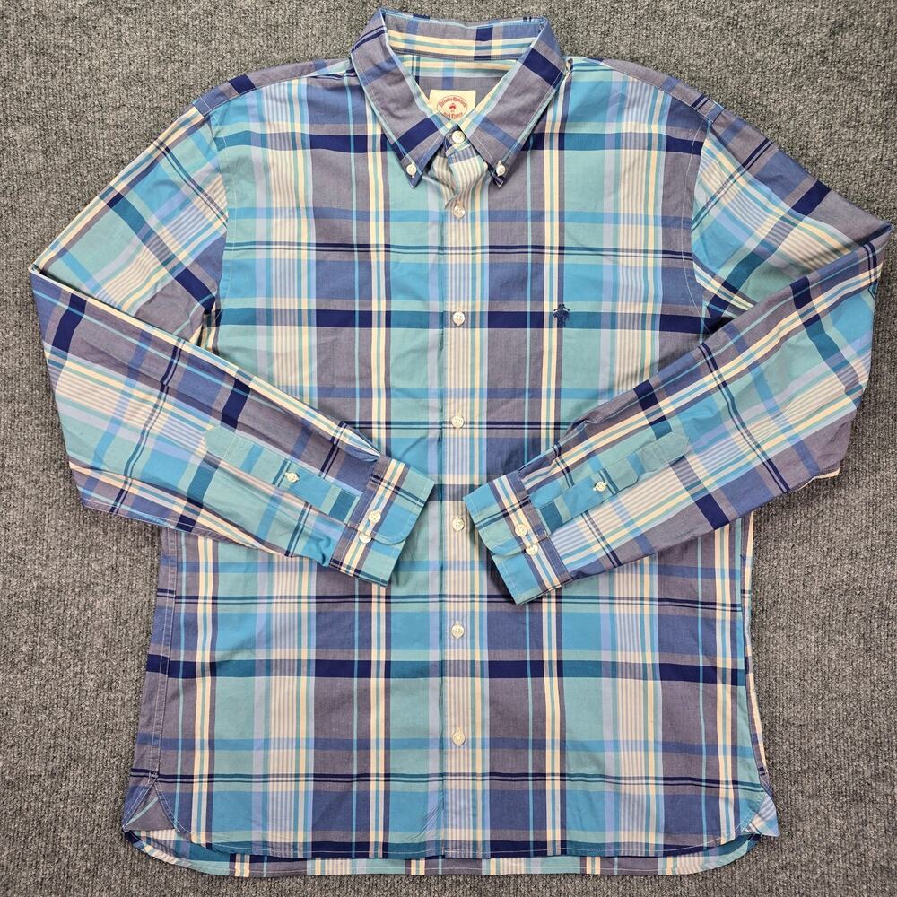 Brooks Brothers Red Fleece Shirt Mens XL Blue Teal Plaid Button Down Logo Casual